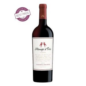 Ménage à Trois Red Blend 2022 – California red wine with raspberry, plum, and mocha notes; smooth, fruity, and seductive, available at The Wine Box.