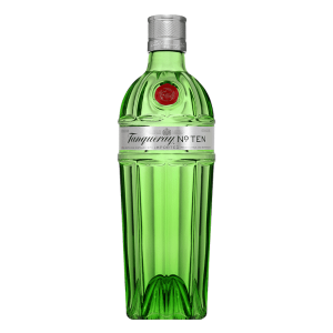 A sleek, green bottle of Tanqueray No. Ten gin with an Art Deco-inspired design, set beside a crystal martini glass on a marble bar