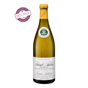 A bottle of Louis Latour Saint-Aubin Premier Cru 2022 standing elegantly, showcasing its classic Burgundy label and refined presentation against a neutral background.
