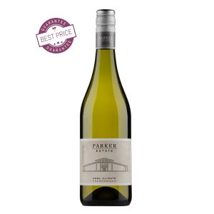 A premium bottle of Parker Coonawarra Estate Cool Climate Chardonnay 2023 placed on a stone counter, its sleek label reflecting luxury, with a backdrop of coastal vines and sunlight—evoking purity, elegance, and terroir-driven excellence.