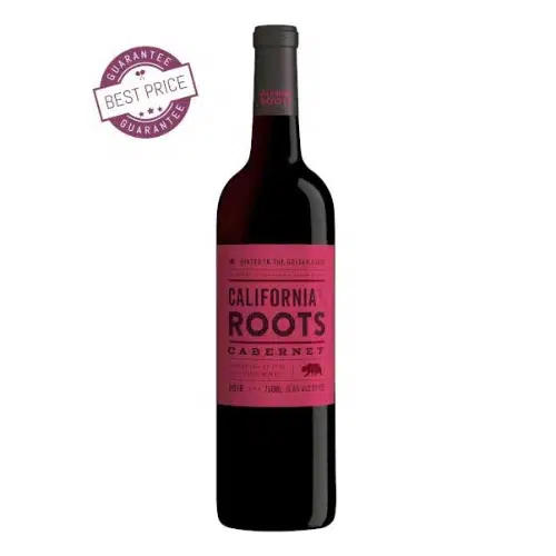 A bottle of California Roots Cabernet Sauvignon 2022 with a deep red label, photographed against a neutral background.