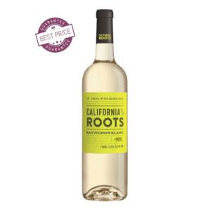 A premium bottle of California Roots Sauvignon Blanc 2020, featuring clean lines and elegant labeling, set against a coastal-inspired backdrop