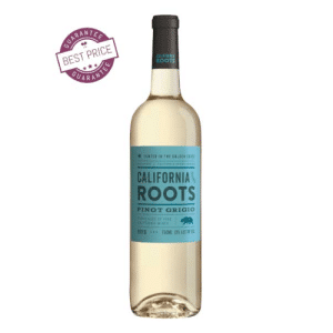 Bottle of California Roots Pinot Grigio 2022, a pale white wine from California with a clean, minimal label design.