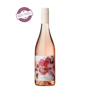 A stylish bottle of Petal & Stem Rosé 2023 with soft blush tones, set against a light background beside a glass of rosé—evoking freshness, floral elegance, and the essence of Marlborough's coastal breeze.